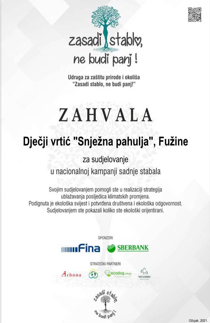 Zasadi stablo, ne budi panj!
Zahvalnica za sudjelovanje u kampanji „Tjedan kolektivne sadnje stabala u Hrvatskoj 2021.g.“
